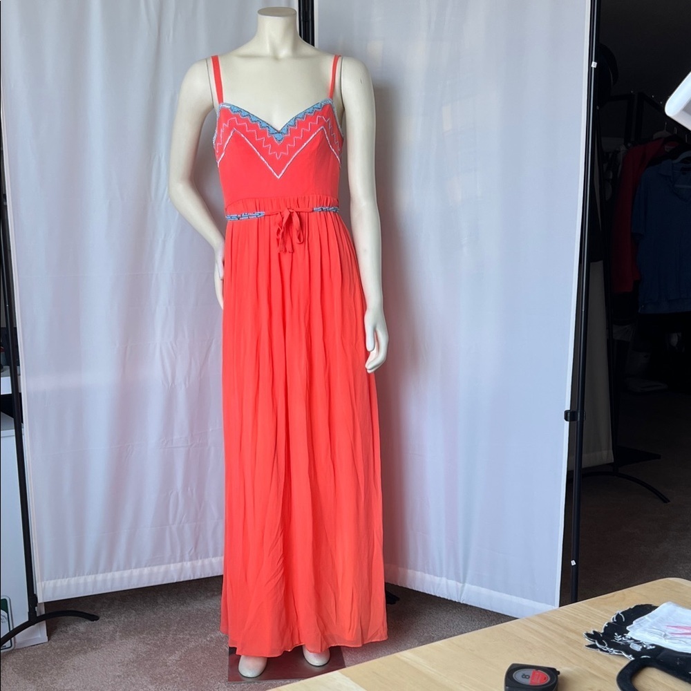 Nicole Miller Artelier Silk Coral Maxi Dress with Blue beaded trim